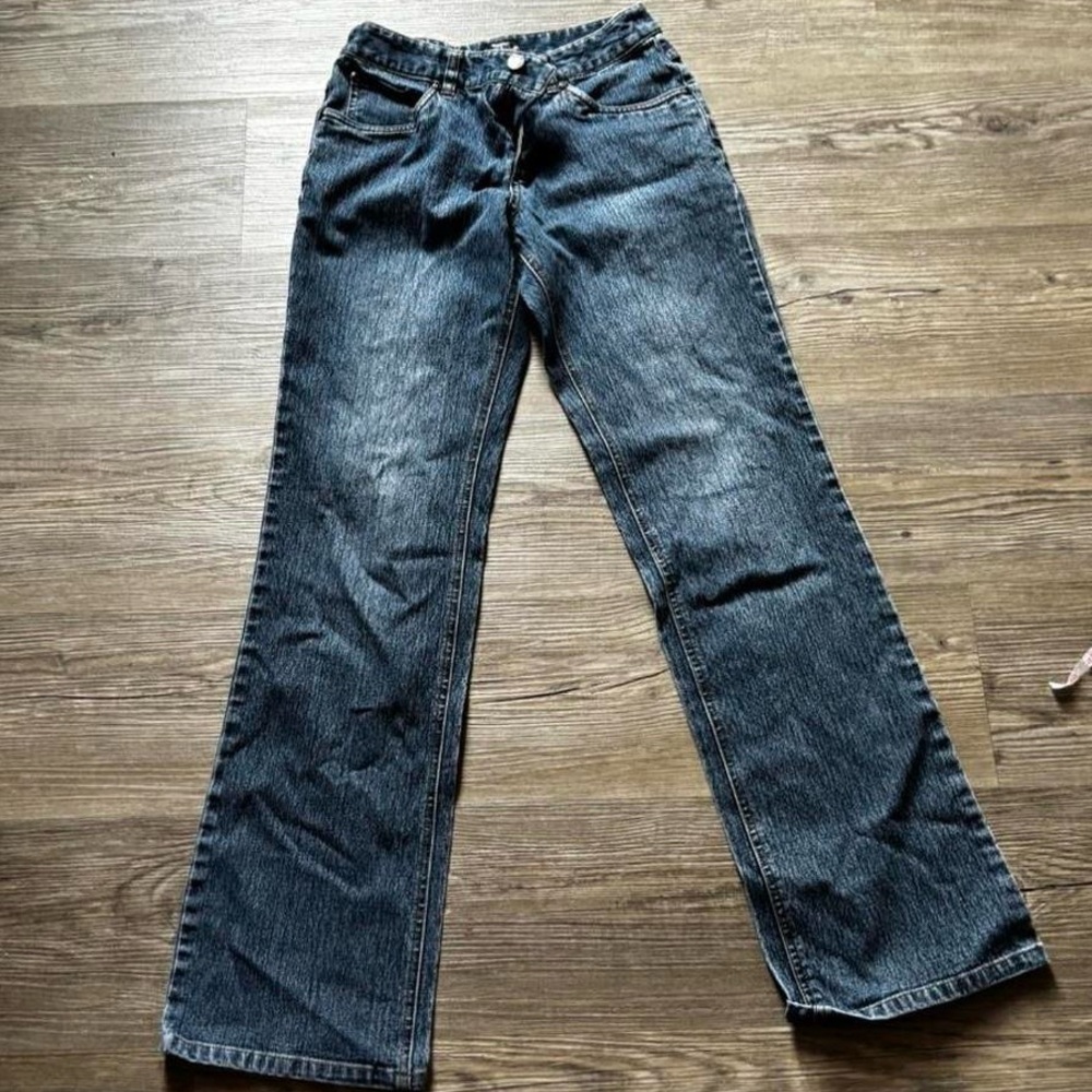 dark wash low rise slight flare jeans